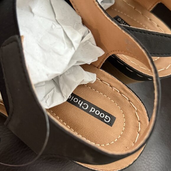 GOOD CHOICE Womens Black Flower Beck Toe Wedge Slip On Heeled Sandal sz 9.5 - Picture 4 of 8